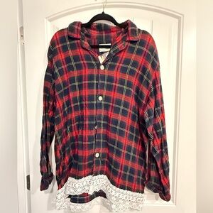 Upcycled Plaid Button-Up Shirt with Lace Hem Washington Capitals Caps Cotton